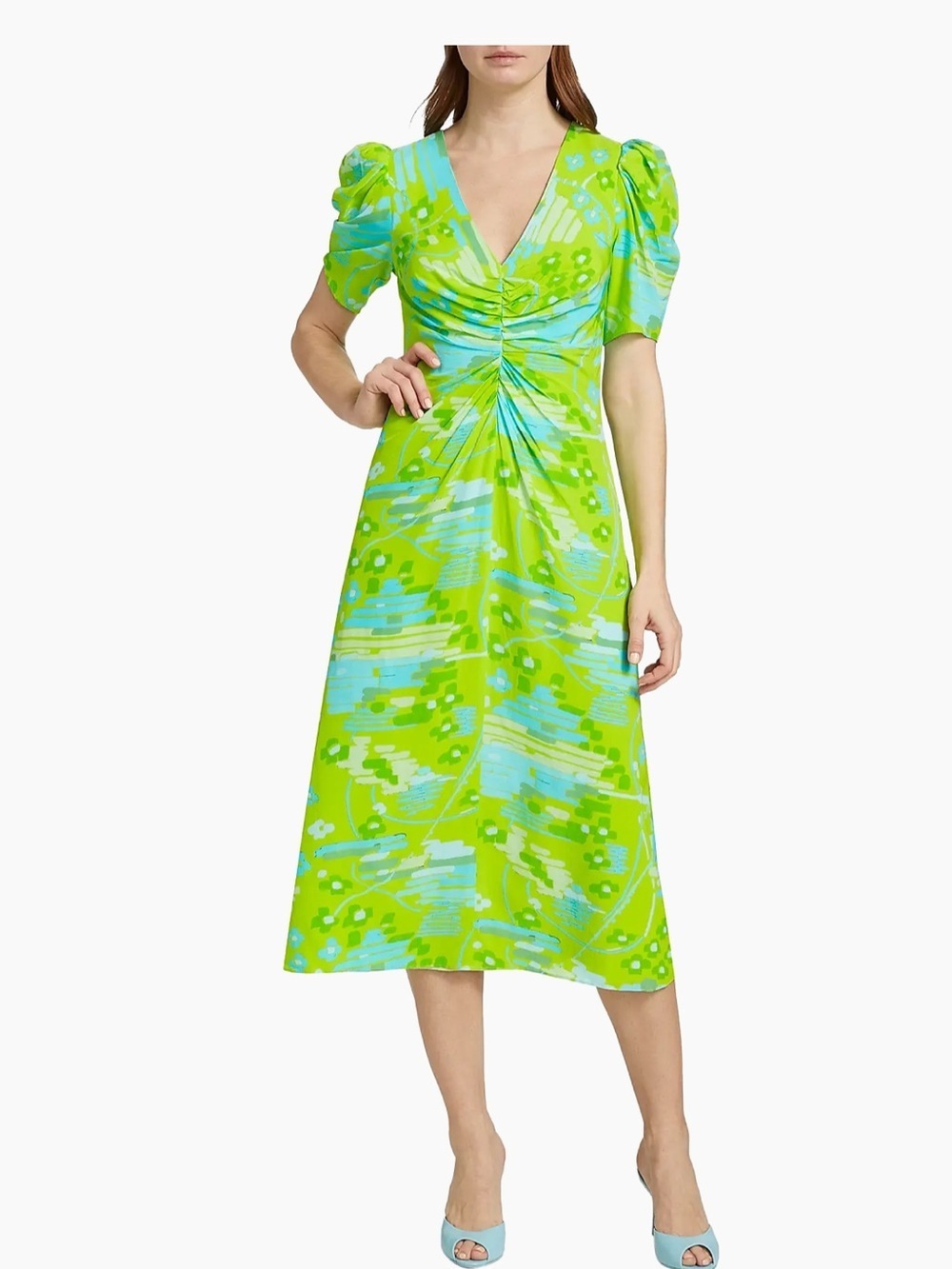 Rhode Maci Geometric Puff-Sleeve Midi-Dress Size 2